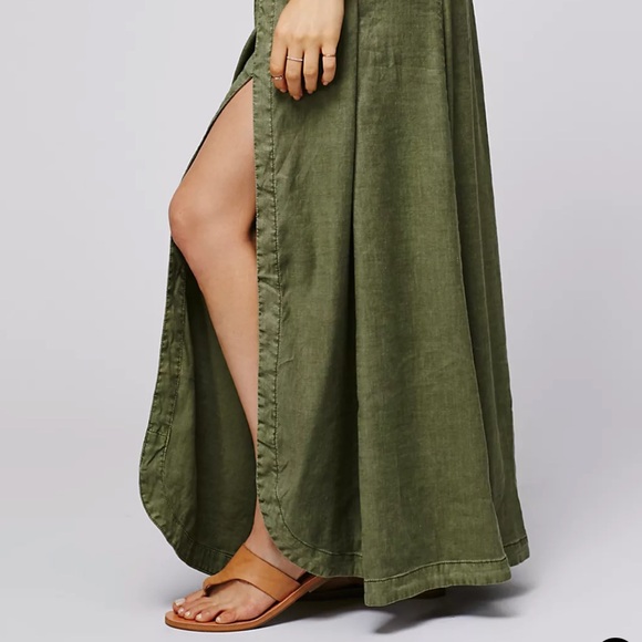 Free People American Ride Maxi Skirt Linen Olive Sage Green Wrap Side Slits 2 - Picture 4 of 10